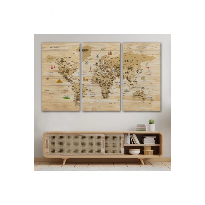 Ahşap Görünümlü Dünya Haritası Sembollü Eğitici Dekoratif Kanvas Tablo 2944