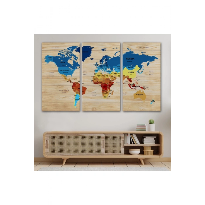 Ahşap Görünümlü Dünya Haritası Ülke Başkentli Kanvas Tablo 1821