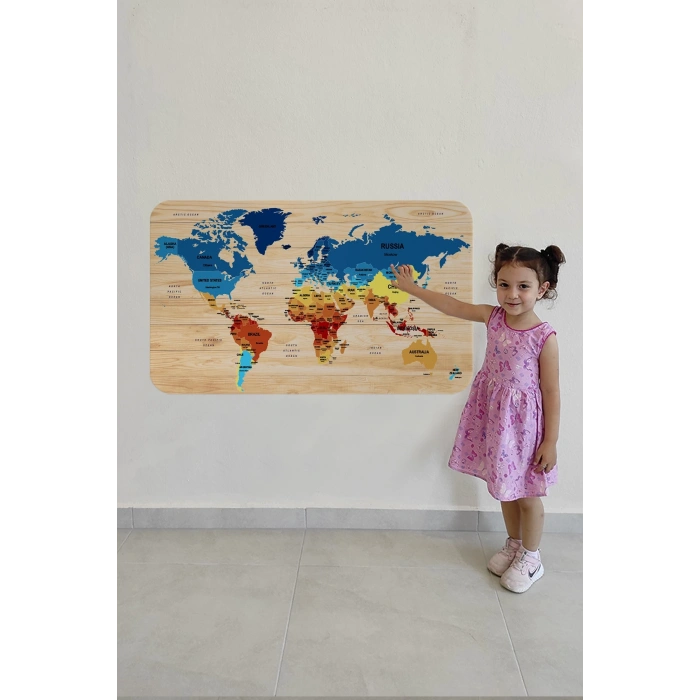 Ahşap Görünümlü Eğitici Detaylı Atlası Dünya Haritası Duvar Sticker -60x105-3856
