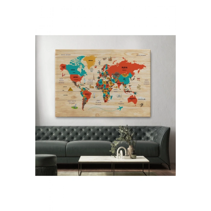 Ahşap Görünümlü Türkçe Dünya Haritası Dekoratif Kanvas Tablo 2070