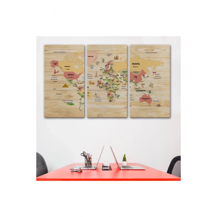 Ahşap Görünümlü Türkçe Dünya Haritası Dekoratif Kanvas Tablo 2088