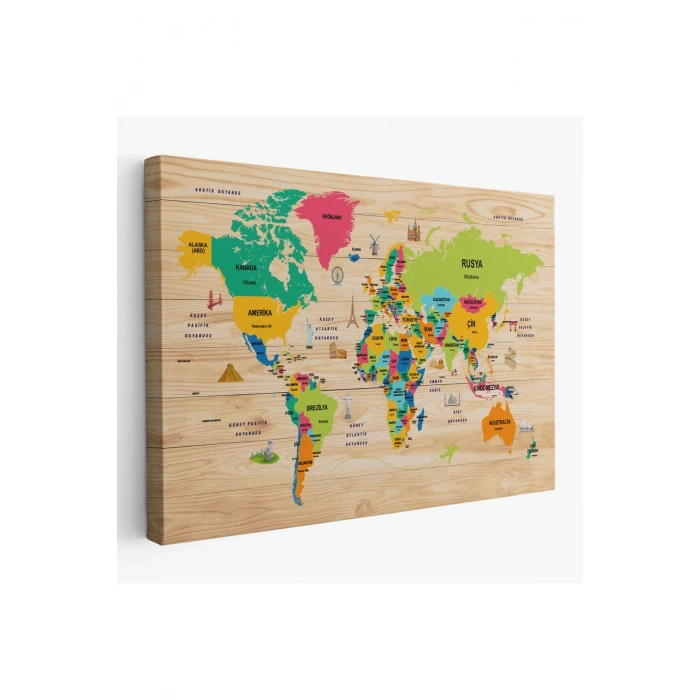 Ahşap Görünümlü Türkçe Dünya Haritası Dekoratif Kanvas Tablo 2098