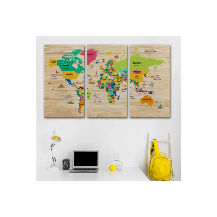 Ahşap Görünümlü Türkçe Dünya Haritası Dekoratif Kanvas Tablo 2098