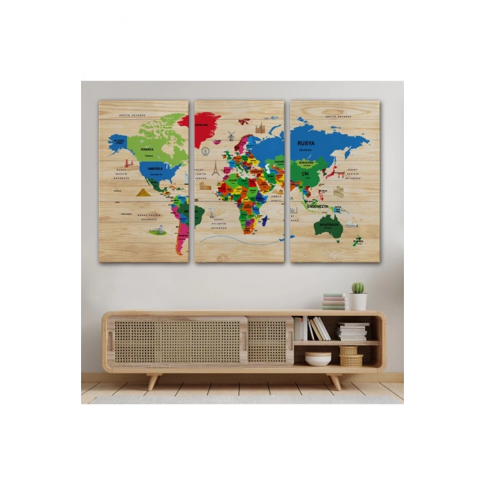 Ahşap Görünümlü Türkçe Dünya Haritası Dekoratif Kanvas Tablo 2110
