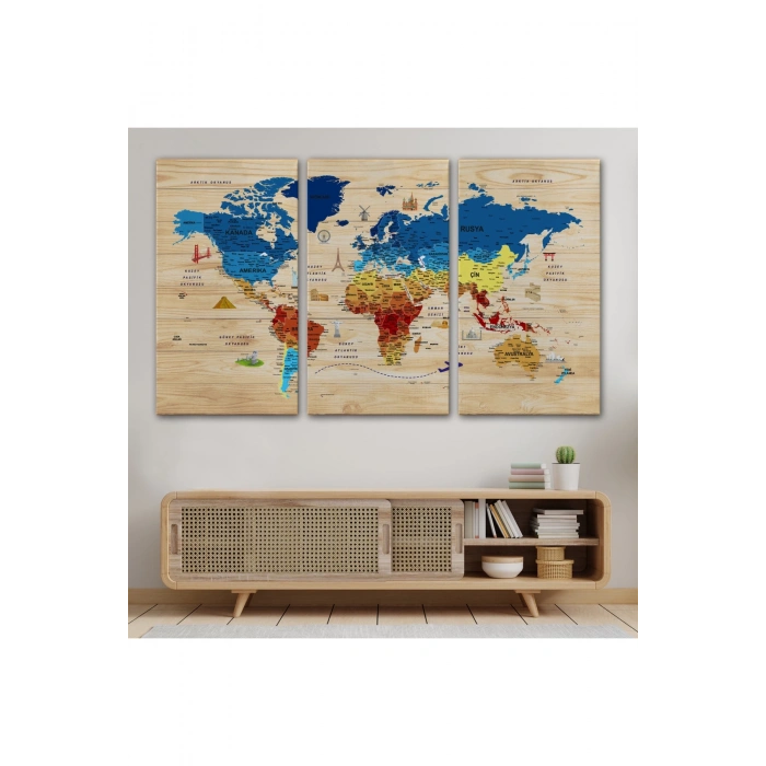 Ahşap Görünümlü Türkçe Dünya Haritası Sembollü Eğitici Dekoratif Kanvas Tablo 2891