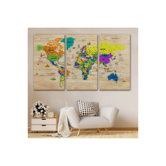 Ahşap Görünümlü Türkçe Dünya Haritası Sembollü Eğitici Dekoratif Kanvas Tablo 2903