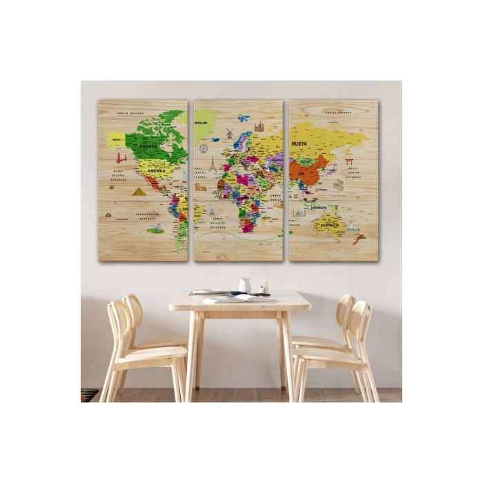 Ahşap Görünümlü Türkçe Dünya Haritası Sembollü Eğitici Dekoratif Kanvas Tablo 2911