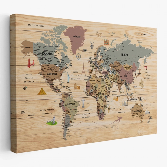 Ahşap Görünümlü Türkçe Dünya Haritası Sembollü Eğitici Dekoratif Kanvas Tablo 2951