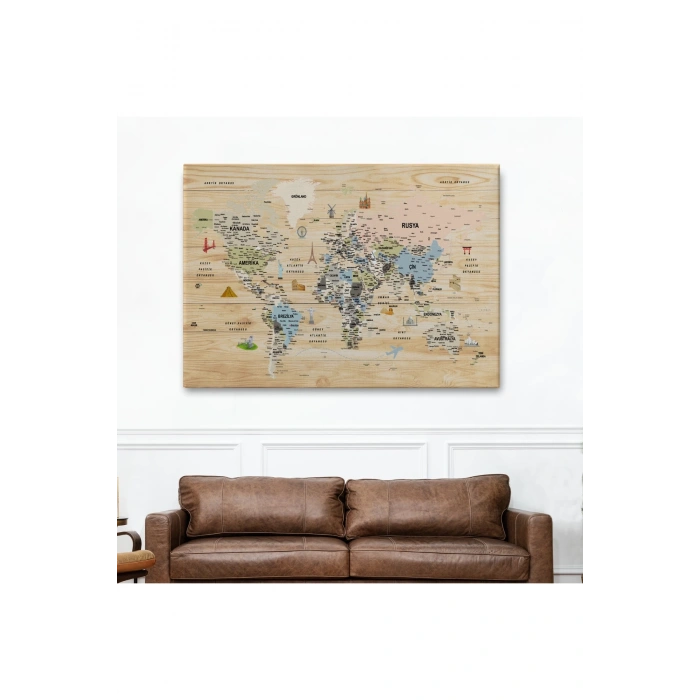 Ahşap Görünümlü Türkçe Dünya Haritası Sembollü Eğitici Kanvas Tablo 2923