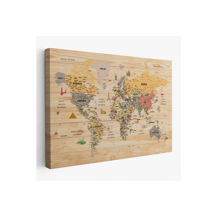 Ahşap Görünümlü Türkçe Dünya Haritası Sembollü Eğitici Kanvas Tablo 2925