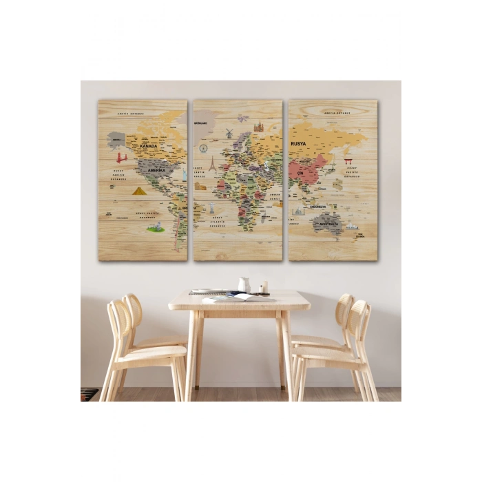 Ahşap Görünümlü Türkçe Dünya Haritası Sembollü Eğitici Kanvas Tablo 2925