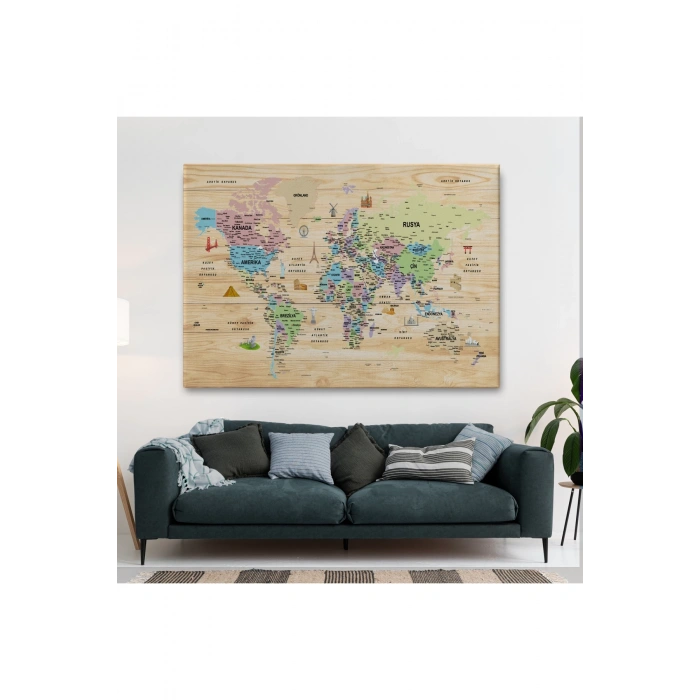 Ahşap Görünümlü Türkçe Dünya Haritası Sembollü Eğitici Kanvas Tablo 2929