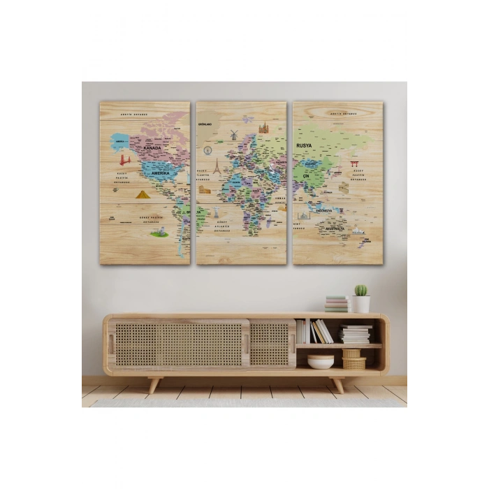 Ahşap Görünümlü Türkçe Dünya Haritası Sembollü Eğitici Kanvas Tablo 2929