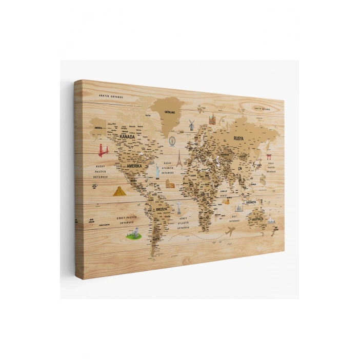 Ahşap Görünümlü Türkçe Dünya Haritası Sembollü Eğitici Kanvas Tablo 2945