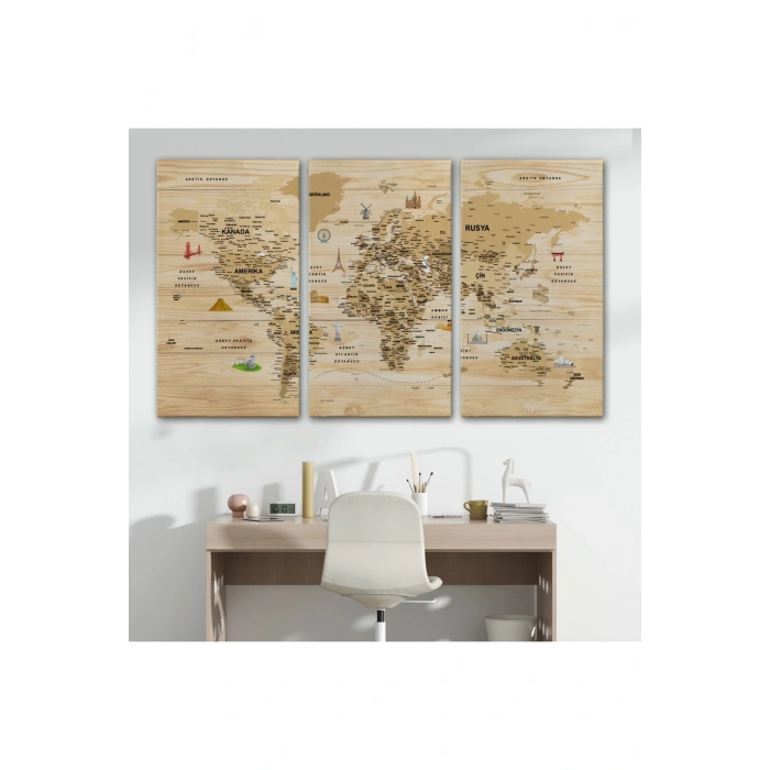 Ahşap Görünümlü Türkçe Dünya Haritası Sembollü Eğitici Kanvas Tablo 2945