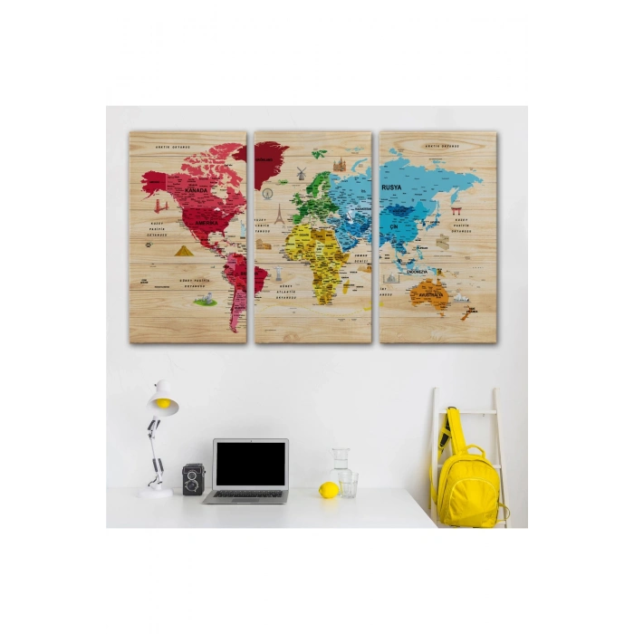 Ahşap Görünümlü Türkçe Dünya Haritası Sembollü Eğitici Kanvas Tablo 2949