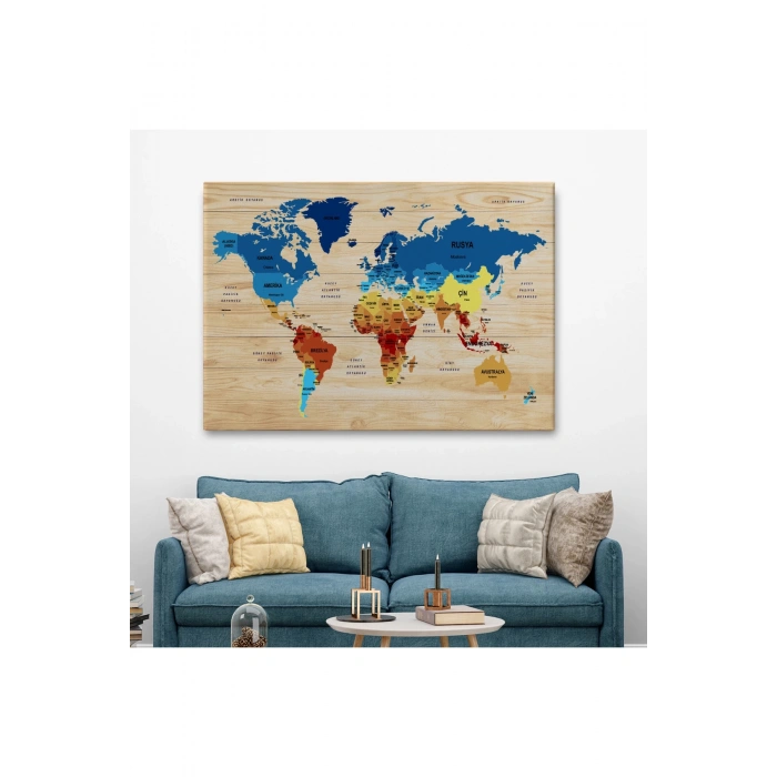 Ahşap Görünümlü Türkçe Dünya Haritası Ülke Başkentli Kanvas Tablo 1820