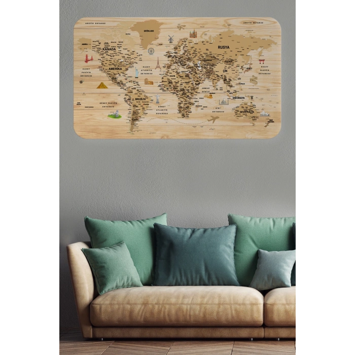 Ahşap Görünümlü Türkçe Eğitici Detaylı Atlası Dünya Haritası Duvar Sticker -60x105-3843