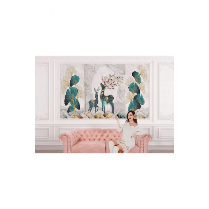 Altın Detaylı Geyik Ve Yavrusu Desenli Duvar Kağıdı-5635