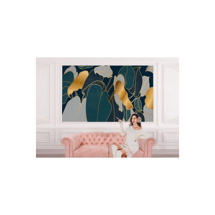 Altın Detaylı Tropical Yapraklar Desenli Duvar Kağıdı-5623