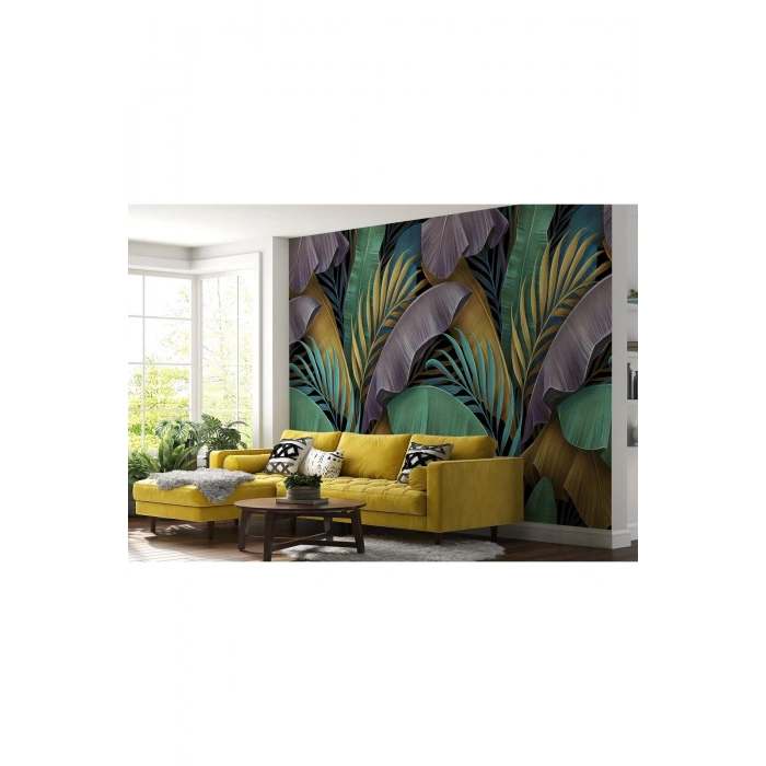 Altın Detaylı Tropical Yapraklar Desenli Duvar Kağıdı-5628