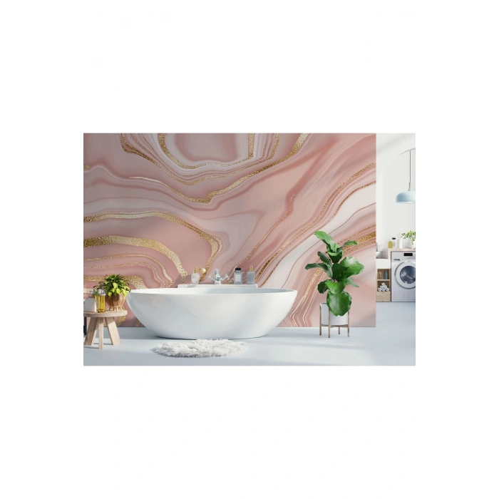 Altın Ve Pembe Detaylı Mermer Desenli Duvar Kağıdı-5534