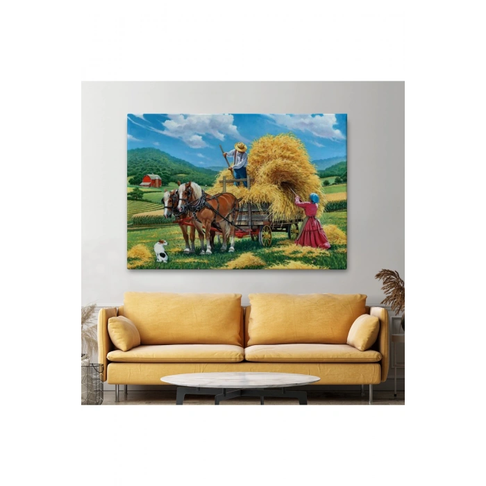 At Arabasına Saman Yükleyen Köylüler Duvar Tablosu-6531