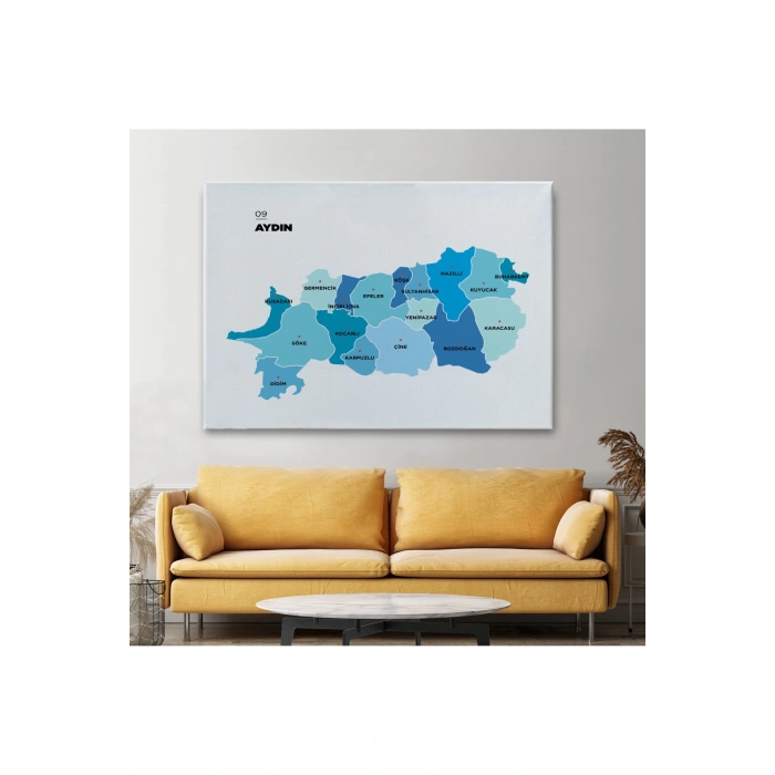 Aydın İli ve İlçeler Haritası  Dekoratif Kanvas Tablo 1278