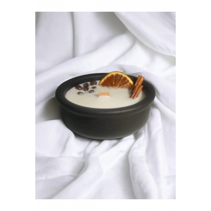 Bal-Tarçın Kokulu Aromaterapi Mum, Ahşap Fitilli, Dekoratif Doğal Çömlek Mum