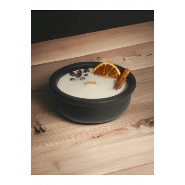 Bal-Tarçın Kokulu Aromaterapi Mum, Ahşap Fitilli, Dekoratif Doğal Çömlek Mum