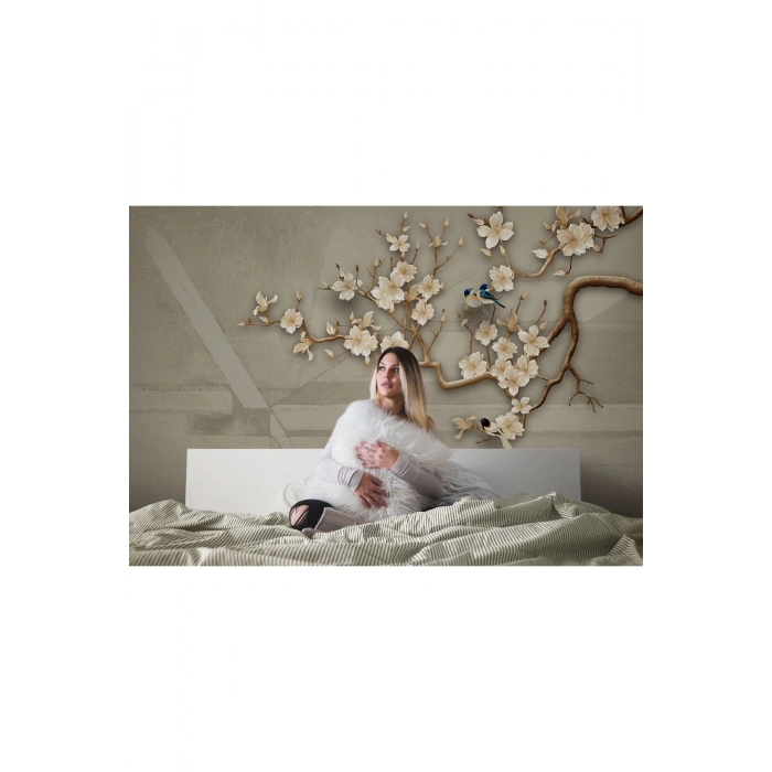 Beyaz Çiçekli Açaç ve Kuşlar Desenli Duvar Kağıdı-5612