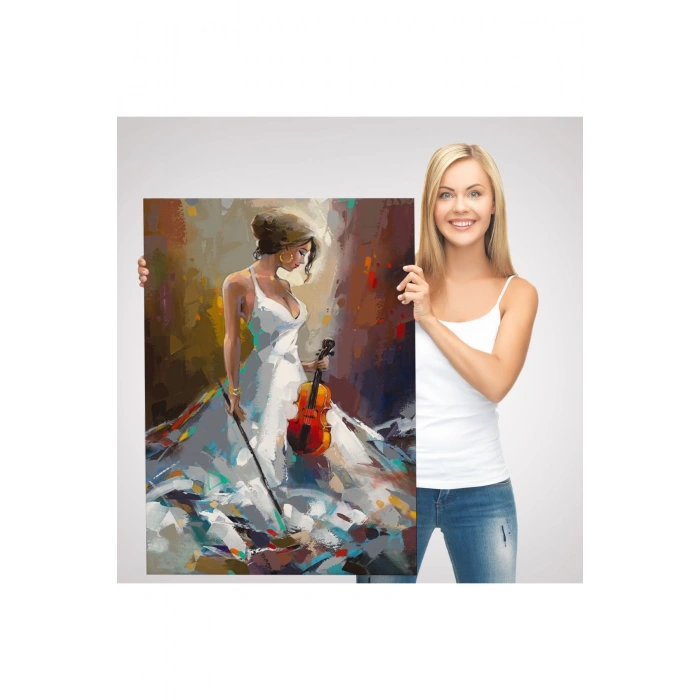 Beyaz Elbiseli Kemani Kadın Duvar Tablosu-6380