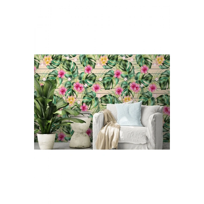 Botanik, Tropikal Çiçek ve Yaprak Desenli Duvar Kağıdı-5666
