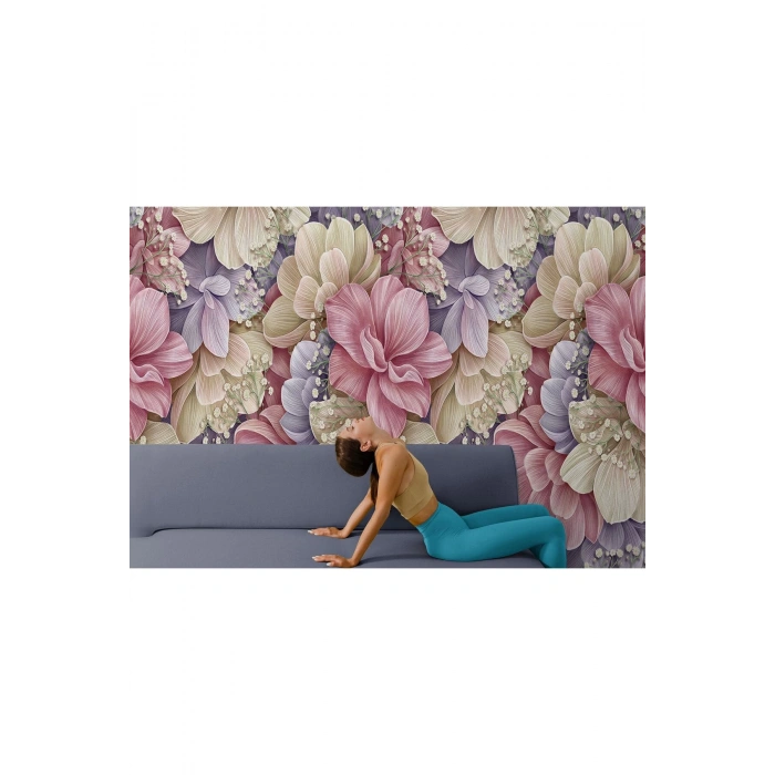 Büyük Yapraklı Dekoratif Desenli Çiçek Duvar Kağıdı-5632