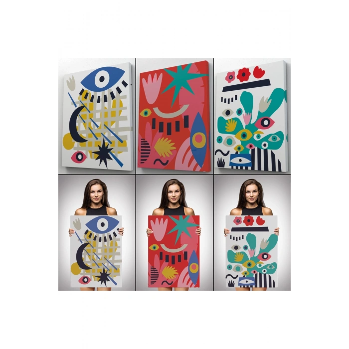 Çağdaş Sanat Gözleri Olan Soyut 3 lü Kanvas Tablo Seti-AL-12