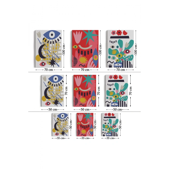 Çağdaş Sanat Gözleri Olan Soyut 3 lü Kanvas Tablo Seti-AL-12