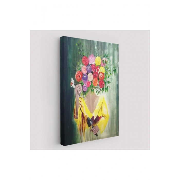 Çiçek Başlı Kadın Portresi Yağlıboya Görünüm Dekoratif Duvar Tablosu-6394