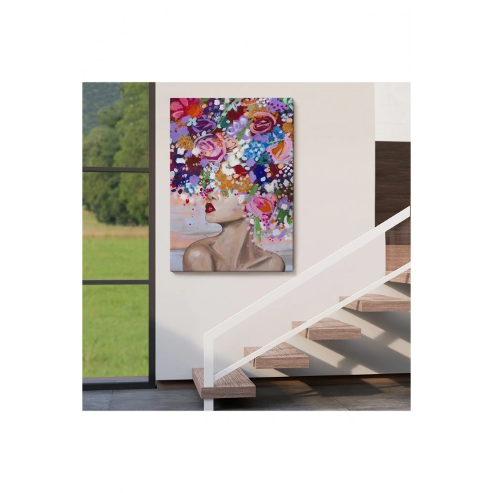 Çiçek Saçlı Kadın Yağlıboya Görünüm Dekoratif Kanvas Duvar Tablosu -6413