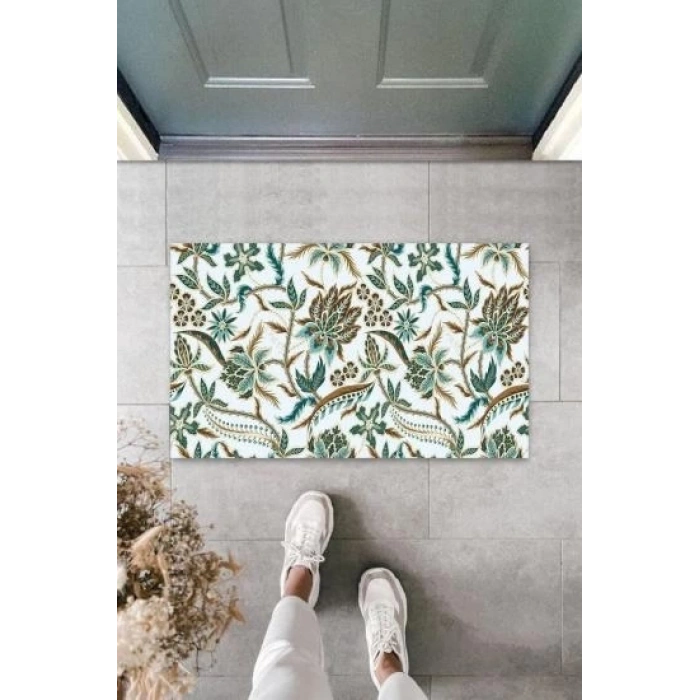 Dekoratif Dijital Çiçek Mavi Kapı Paspası Dış Mekan Paspas K-3056