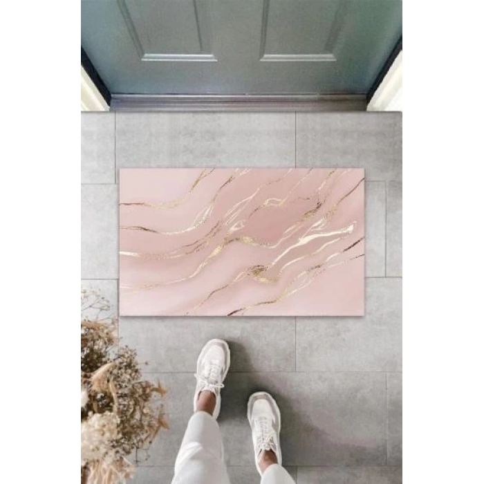 Dekoratif Dijital Modern Dalgalı Açık Pembe Kapı Paspası Dış Mekan Paspas K-3113
