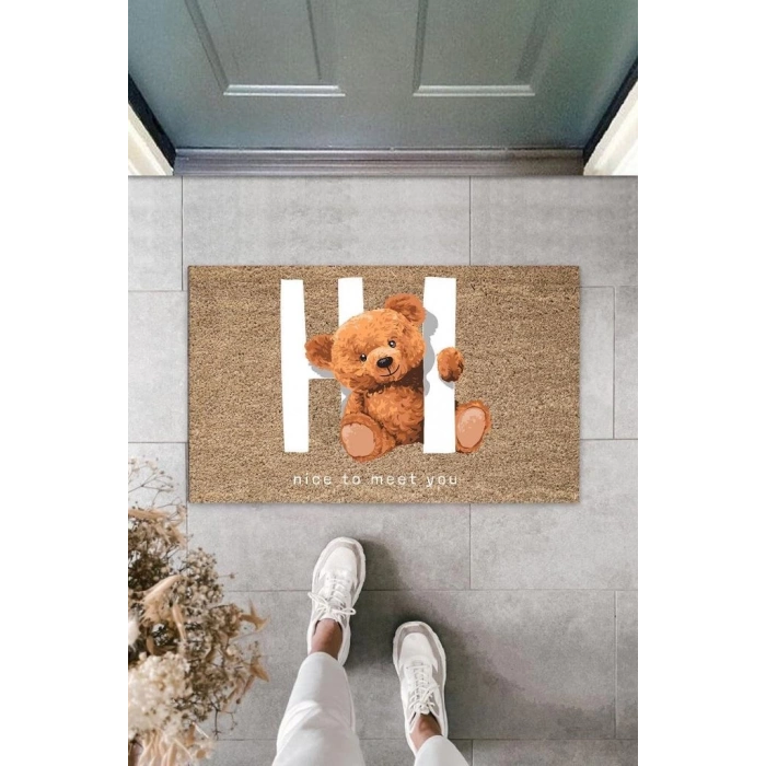 Dekoratif Dijital Nice To Meet You Ayıcık Bej Kapı Paspası Dış Mekan Paspas K-3061