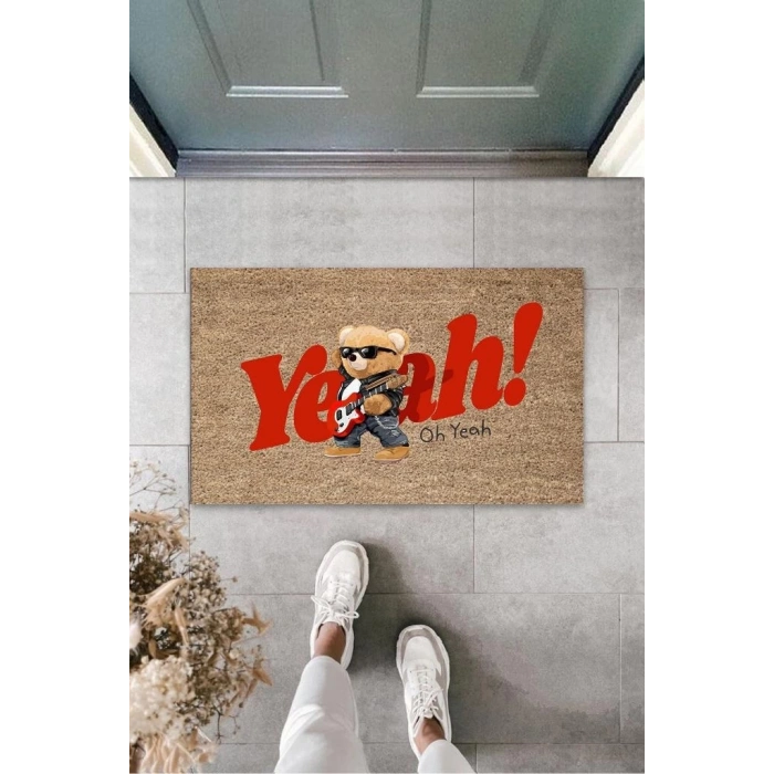 Dekoratif Dijital Oh Yeah Ayıcık Bej Kapı Paspası Dış Mekan Paspas K-3188