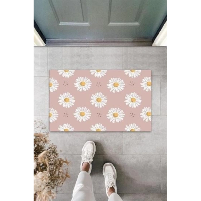 Dekoratif Dijital Papatya Lila Kapı Paspası Dış Mekan Paspas K-3104