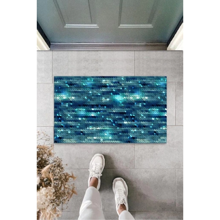 Dekoratif Dijital Pullu Mavi Kapı Paspası Dış Mekan Paspas K-3165