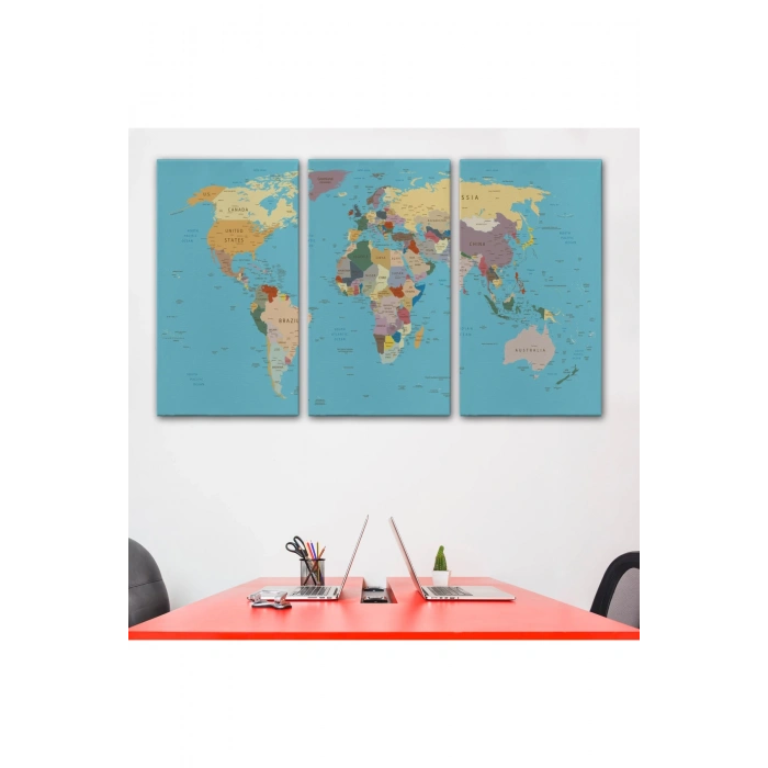 Dekoratif Kanvas Tablo Dünya Haritası Mavi Zemin 1032
