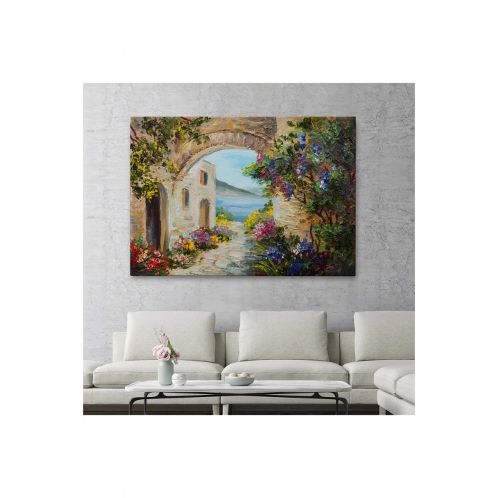 Deniz Yakınında Ev, Renkli Çiçekler, Deniz Manzaralı Kanvas Duvar Tablosu-1111