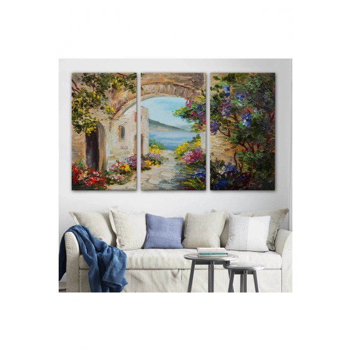 Deniz Yakınında Ev, Renkli Çiçekler, Deniz Manzaralı Kanvas Duvar Tablosu-1111