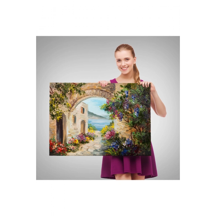 Deniz Yakınında Ev, Renkli Çiçekler, Deniz Manzaralı Kanvas Duvar Tablosu-1111