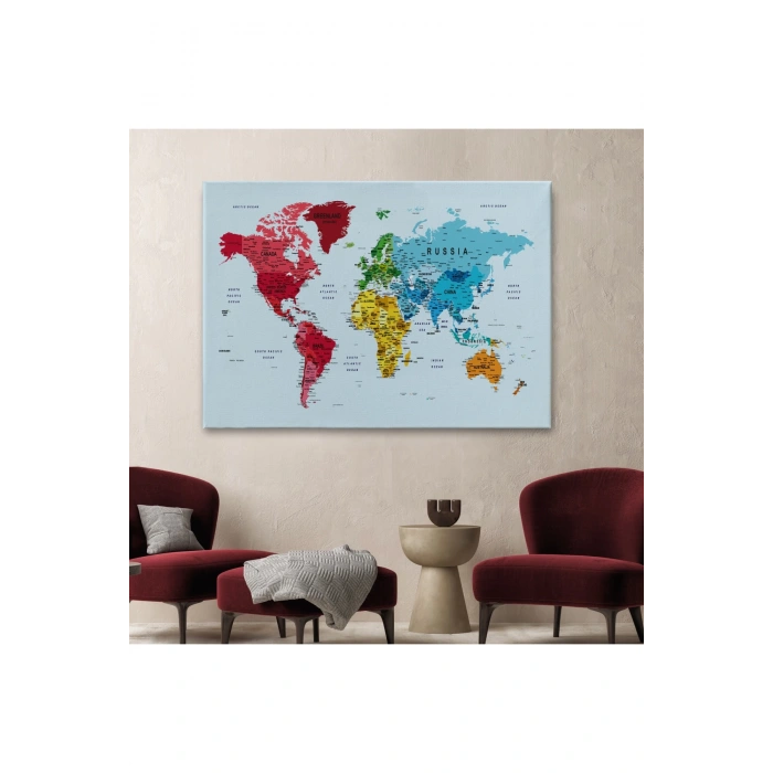 Detaylı Dünya Haritası Dekoratif Renkli Zeminli Kanvas Tablo 1700