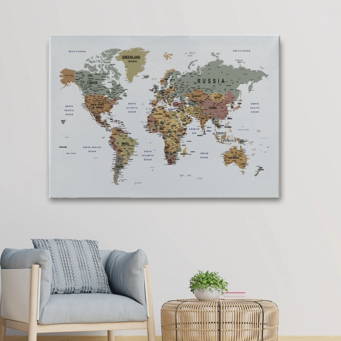Detaylı Dünya Haritası Dekoratif Renkli Zeminli Kanvas Tablo 1702